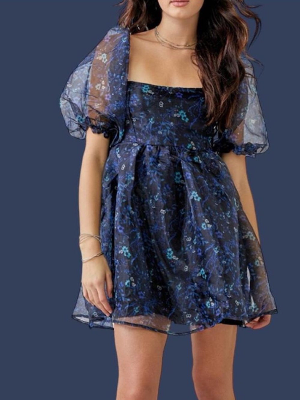 Francesca's Collections Navy Blue Floral Puff-Sleeve Mini Dress